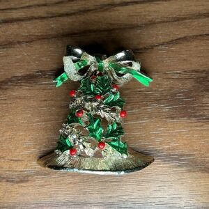 Vtg GERRY'S Hinged Christmas Bell Enamel Gold Tone BROOCH Pin Signed